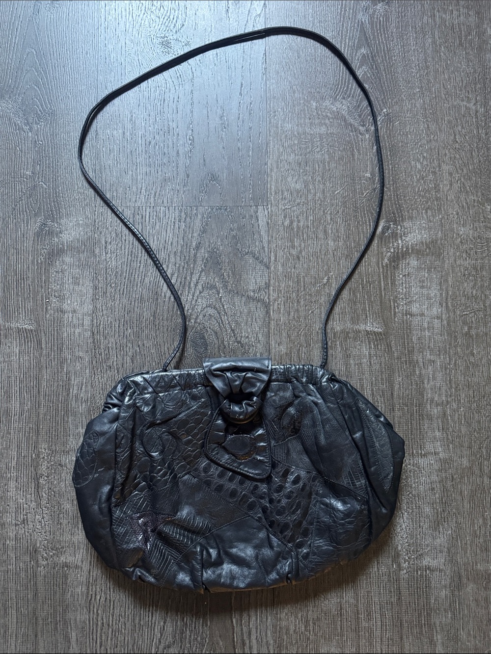 Vintage Black Patchwork Leather Shoulder Clutch - Unbranded